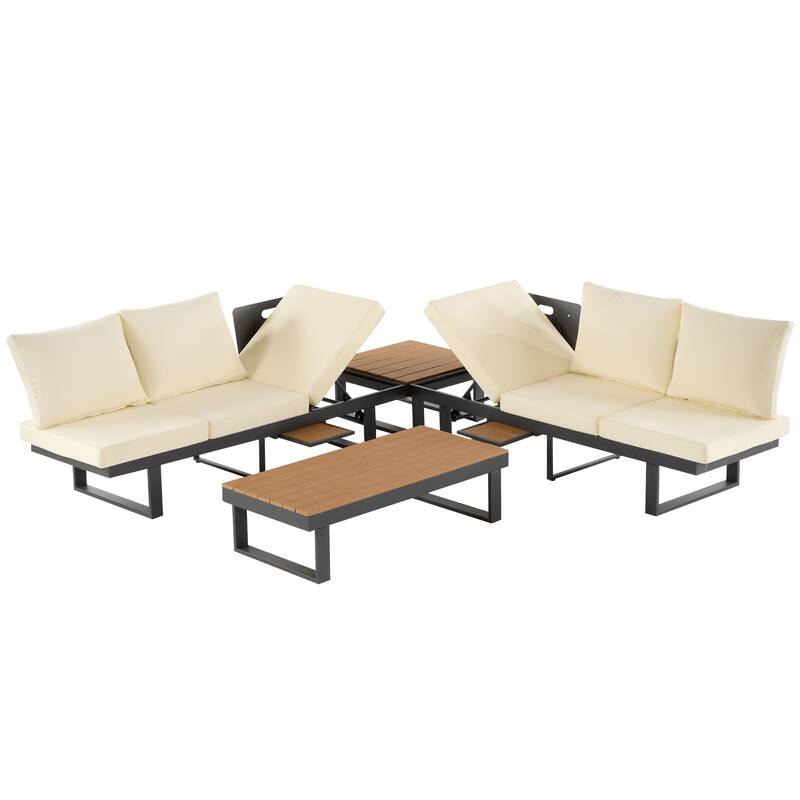Outdoor Patio Conversation Sofa Set L-shape Sectional Sofa Set with Adjustable Reclining Seats, Coffee Table, Side Table