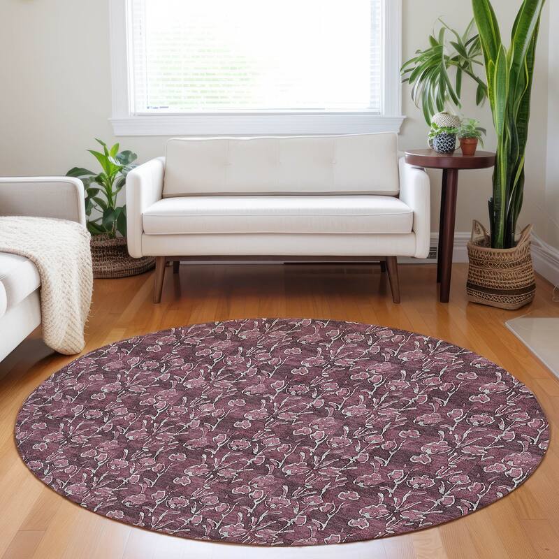 Machine Washable Indoor/ Outdoor Chantille Modern Floral Impressions Rug - Merlot - 8' x 8'
