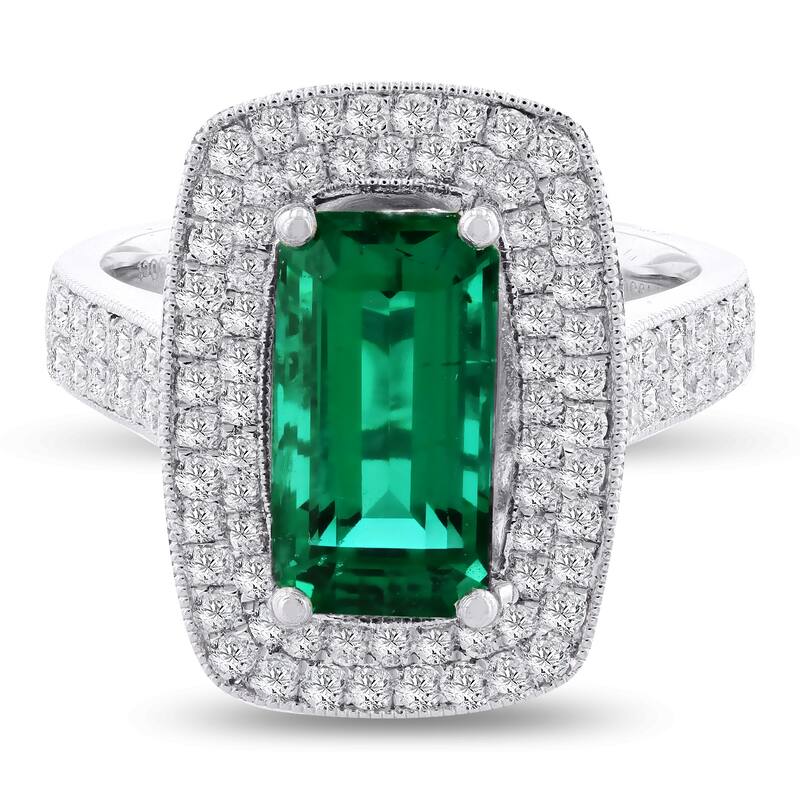 Auriya Platinum Vintage 3ct Emerald-Cut Emerald and 3/4ct TDW Diamond Halo Engagement Ring