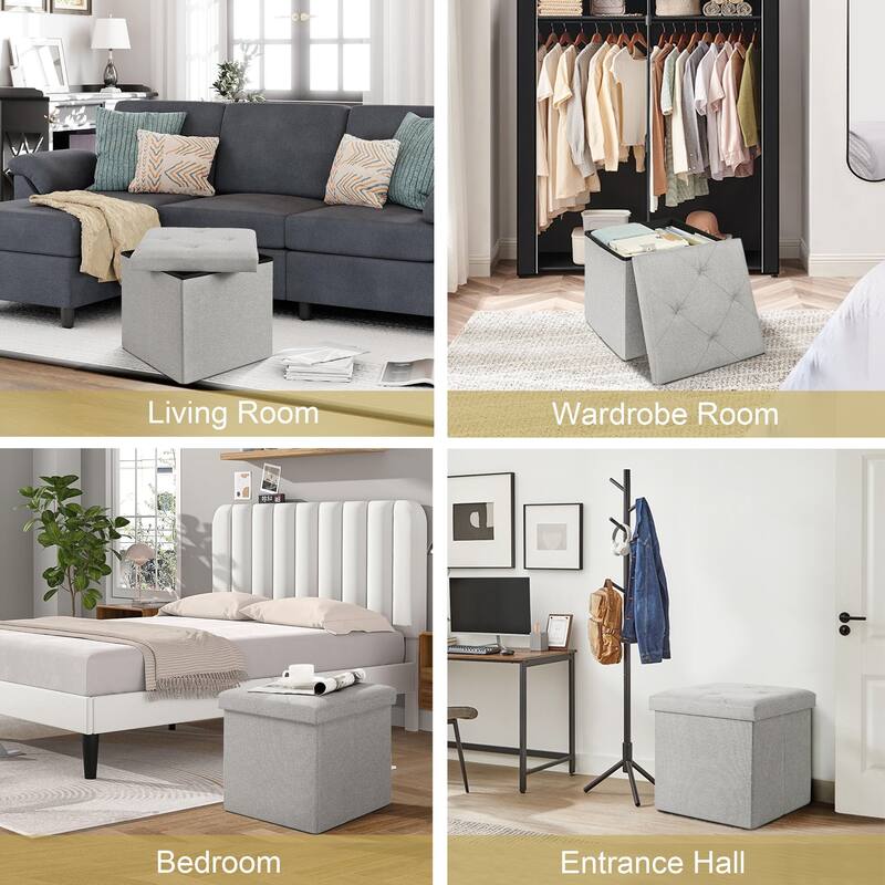 Javlergo 15" Foldable Storage Ottoman, Tufted Linen Foot Rest Stool/Seat Toy Chest