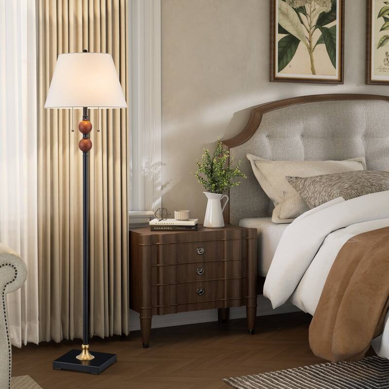61''Black Metal & Red Wood Floor Lamp with Fabric Shade - W16" x D16" x H61"
