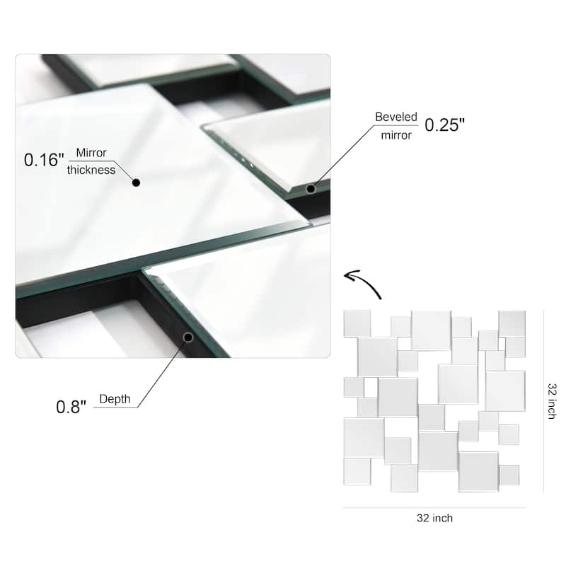 Elegant Cluster Wall Mirror,Beveled Squares Mirror,Bathroom Mirror, 32"x32" - Clear - 32" x 32"