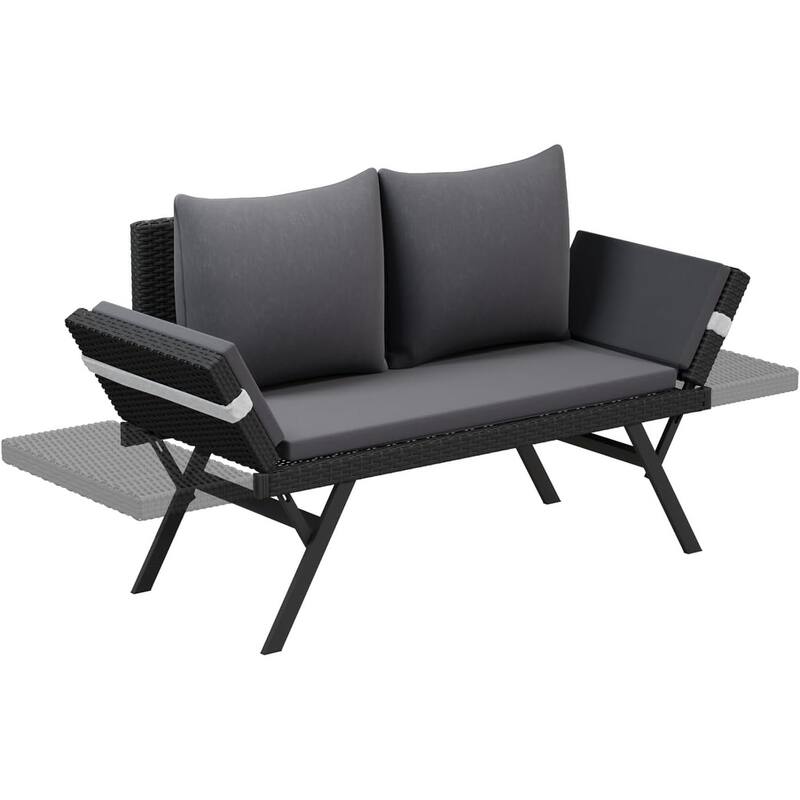 BOSSIN All-Weather Rattan Convertible Daybed - Outdoor Sofa w/ Adjustable Arms & Waterproof Cushions - Patio, Poolside, Porch - Grey
