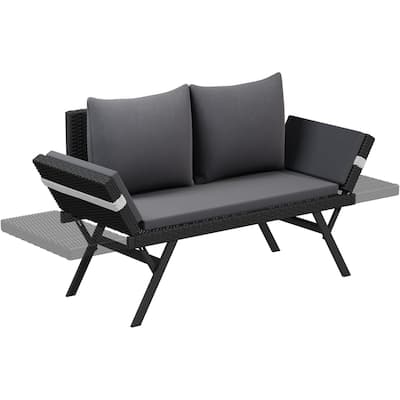 BOSSIN All-Weather Rattan Convertible Daybed - Outdoor Sofa w/ Adjustable Arms & Waterproof Cushions - Patio, Poolside, Porch