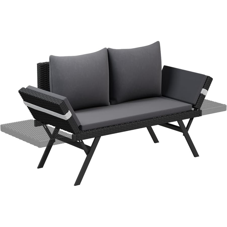 BOSSIN All-Weather Rattan Convertible Daybed - Outdoor Sofa w/ Adjustable Arms & Waterproof Cushions - Patio, Poolside, Porch