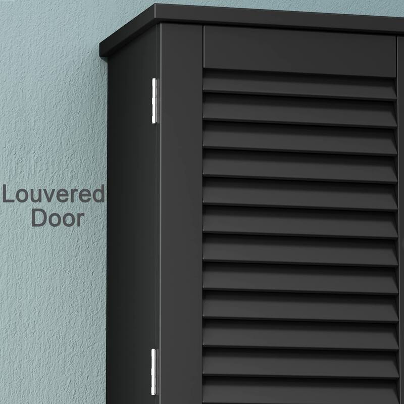 Wall-Mounted Bathroom Cabinet with Louvered Doors, Open Shelf, Adjustable Shelves & Towel Bar,White