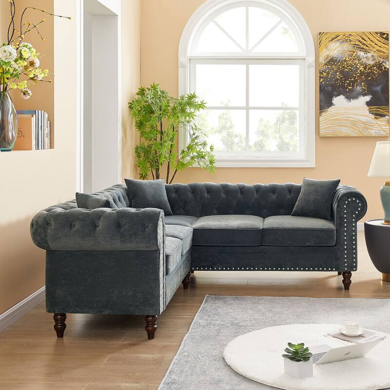 Classic Chesterfield Tufted LShaped Sofa with 3 Pillows Bed Bath