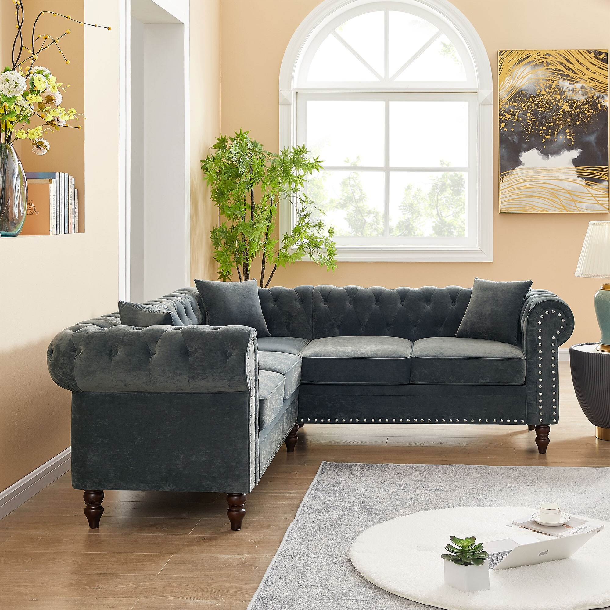 Grey Velvet Deep Button Tufted Chesterfield L-Shaped Sectional - Main Image