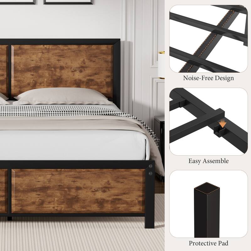 VECELO Platform Bed Frame with Wooden Headboard Heavy Duty Steel Slats Support No Box Spring Needed