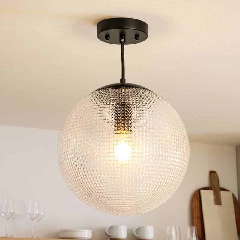 1-Light Modern Indoor Matte Black Finish Kitchen Island Pendant Lights with Globe Diamond Textured Grey/Clear Glass Shade - Clear