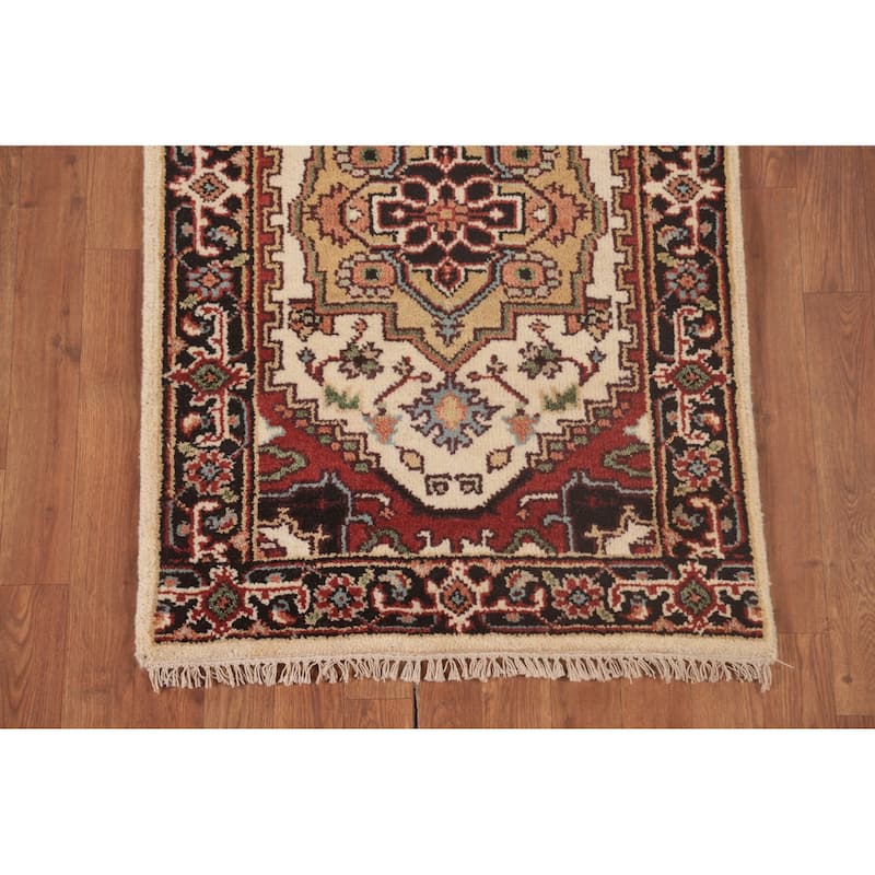 Geometric Heriz-Serapi Runner Rug Hand-Knotted Bedroom Wool Carpet - 2'6"x 8'0"
