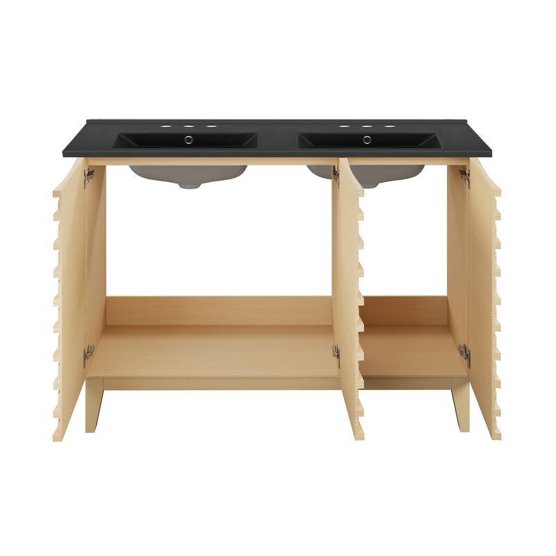 Cascade 48 In. Natural Oak, Double Basin Bathroom Vanity With Black, 3-Hole Ceramic Sink Top