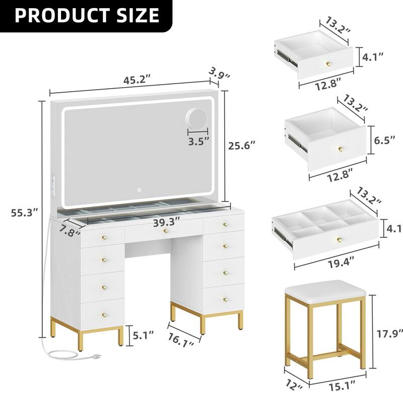 Moasis 9-Drawer Makeup Vanity Set with Stool and Mirror, Glass Top Vanity Desk with LED Lights