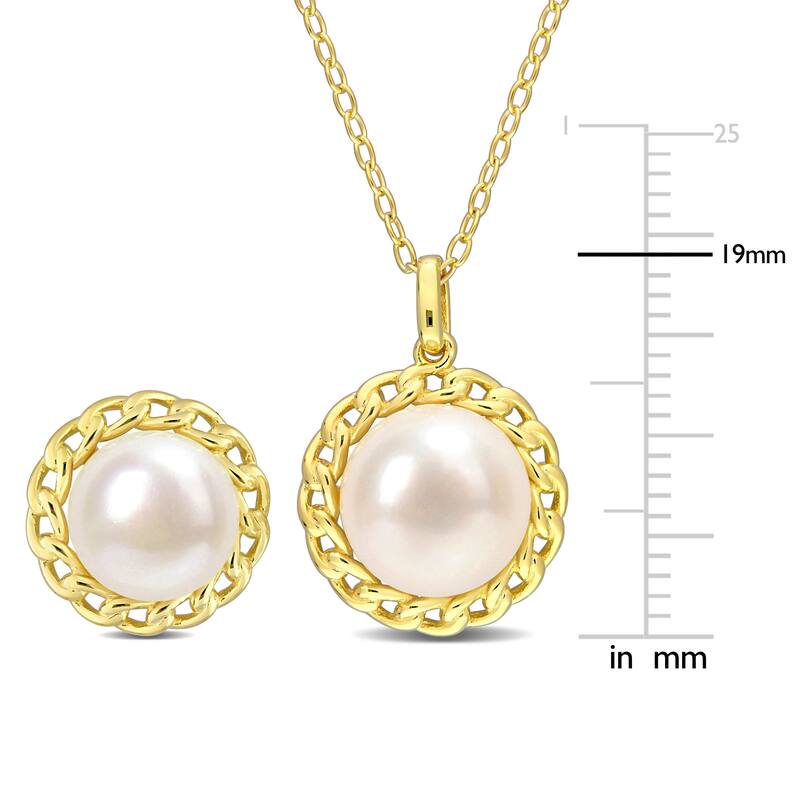 Miadora 8 - 9.5 Mm White Freshwater Cultured Pearl Fashion Earrings & Pendant Set With Chain Yellow Silver