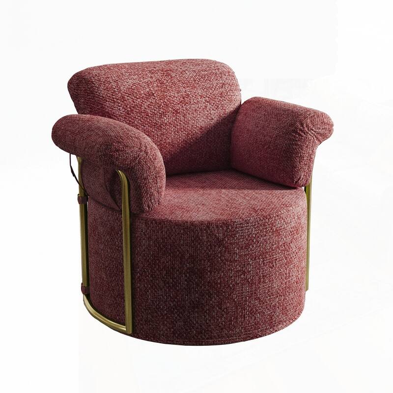 360 Degree Barrel Swivel Fluffy Fabric Lounge Wide Upholstered Reading Chair with Gold Metal Legs - Red/Brown - Round Seat