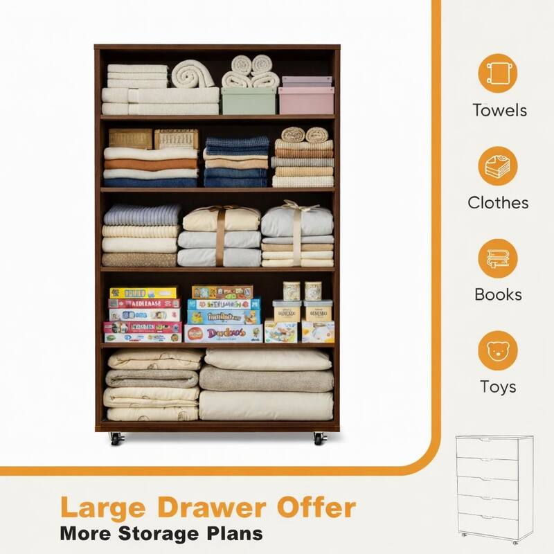 5 Drawer Dresser on Wheels Rustic Brown Rolling Chest of Drawers Storage Cabinet for Bedroom Closet, Wide Drawer Organizer