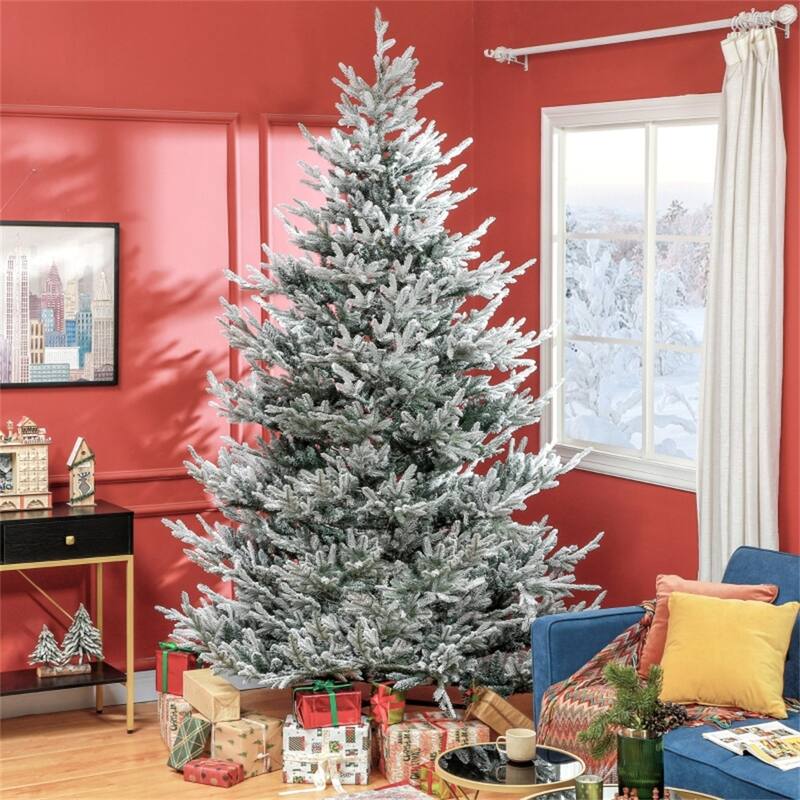 9 ft Green Plastic PE Steel Nordic Pine Christmas Tree with Snow - 60" Dia. x 108" H