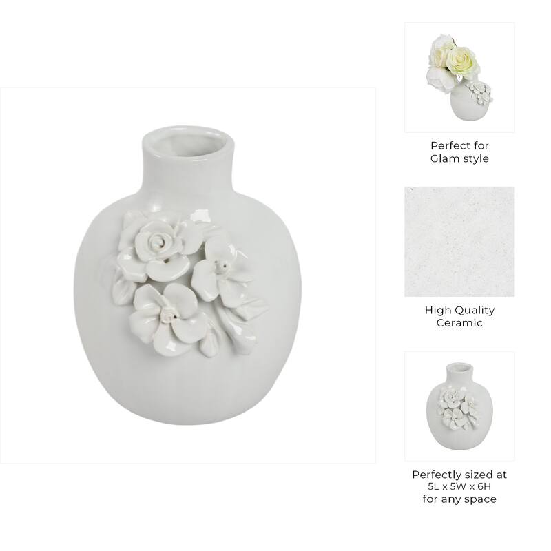 Ceramic Decorative Vase 3D Floral Detail Glossy Finish - 6" White