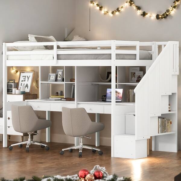 slide 2 of 20, Elegant Twin Size Loft Bed Frame with Storage Staircase and Double Desks and Shelves, Sturdy construction & Unique design, White White
