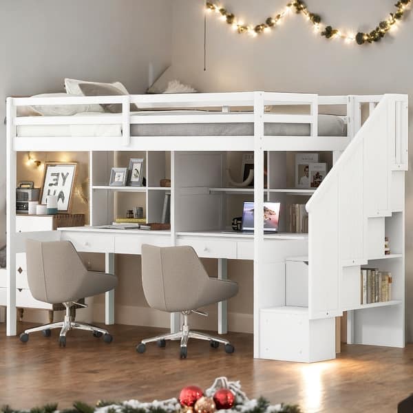 slide 2 of 36, Twin Loft Bed with Storage Staircase, Double Desks and Shelves, White
