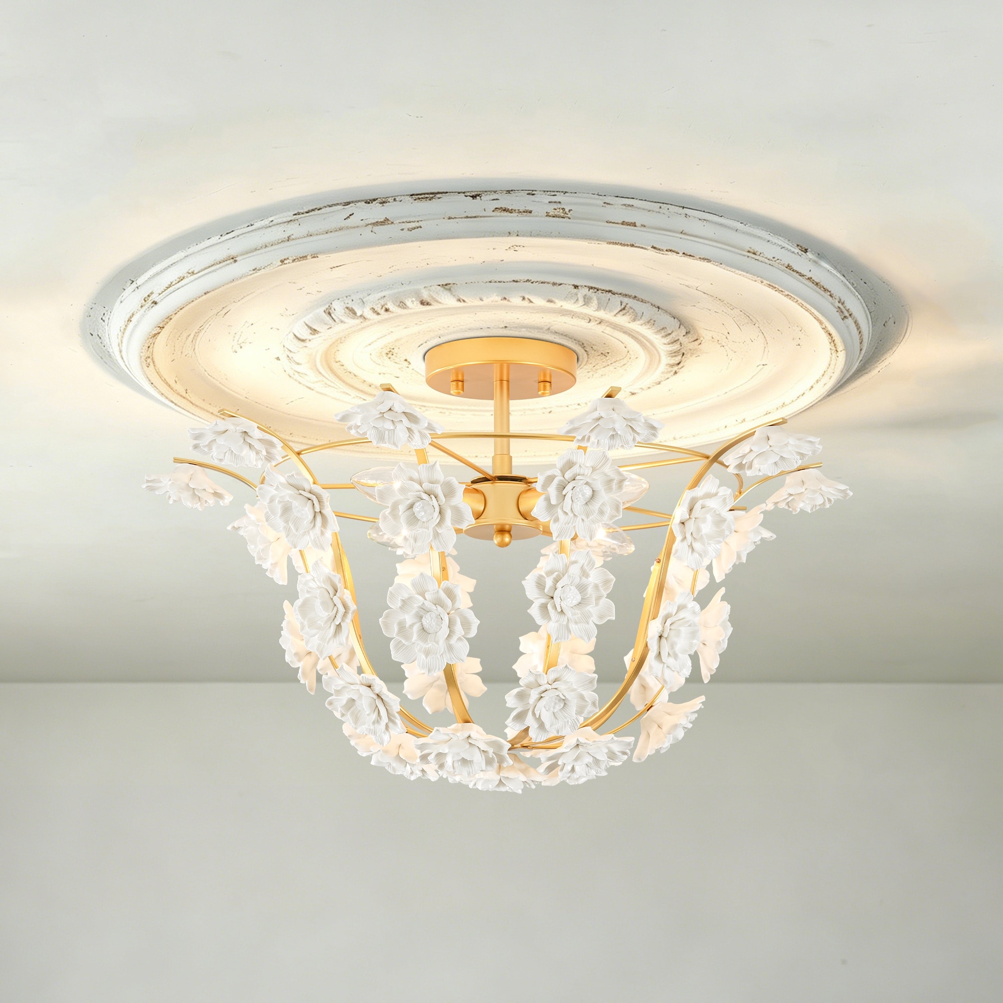 Rennnsan 4-Light Shabby Chic Gold Semi-Flush Mount Cluster Ceiling Light with White Ceramic Flower Accents