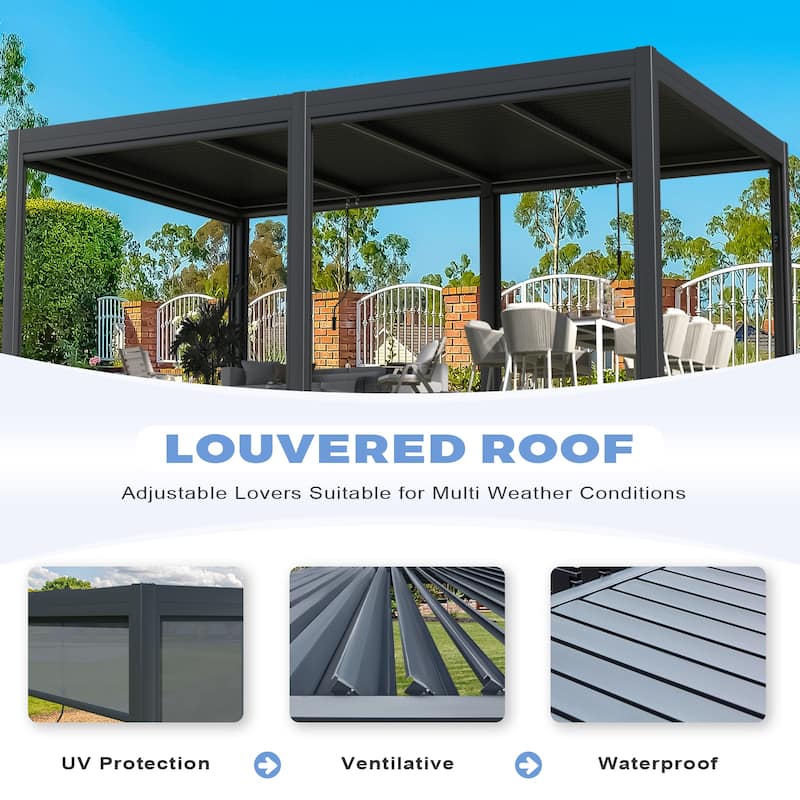 EROMMY Outdoor Louvered Pergola Gazebo with Adjustable Aluminum Rainproof Roof and Pull-Down Screen