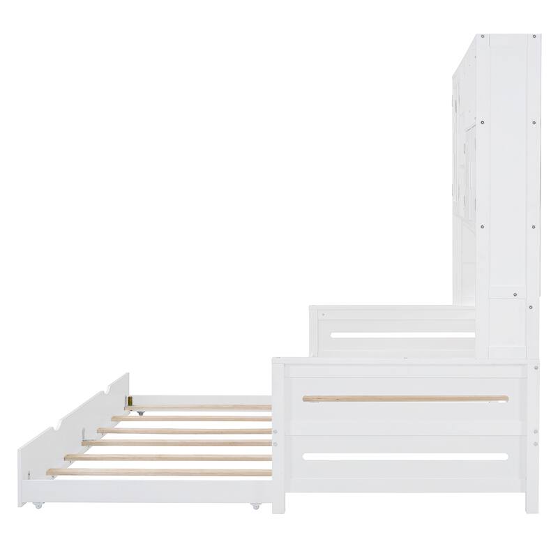 Full Size Wood Daybed with Built-in Storage Cabinet, Open Shelves & Twin Trundle Bed, Space-Saving Multi-Functional Frame