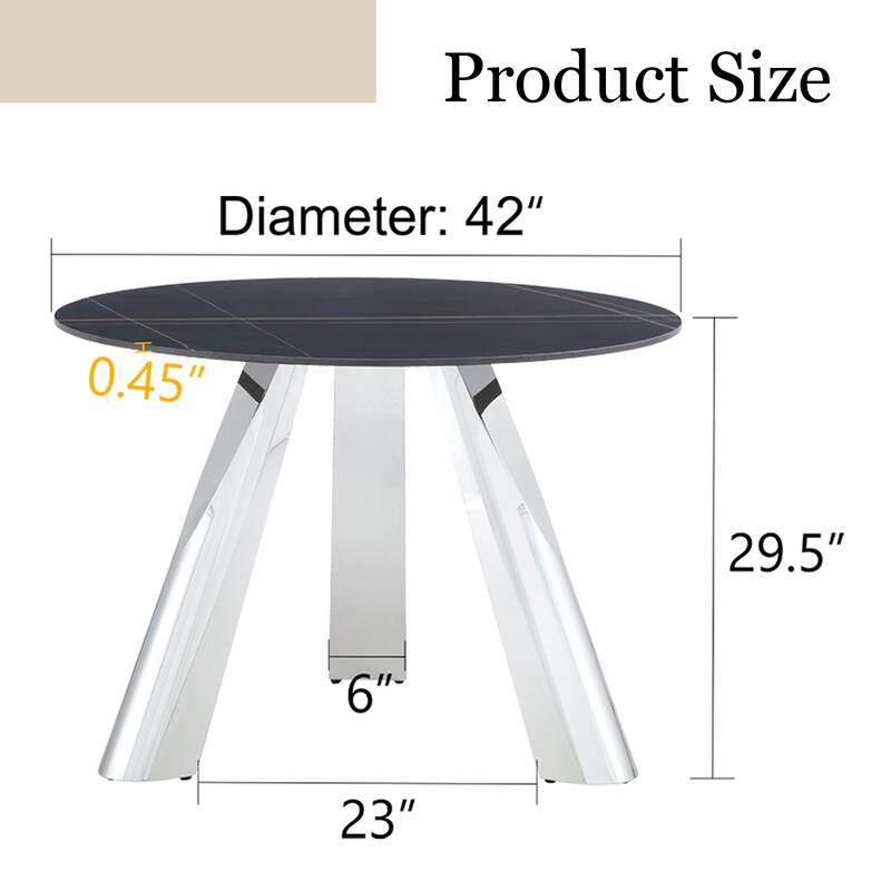 Roomfitters 42" Round Burn Stone Dining Table with Stainless Steel Legs, Seats 4 to 6, Black
