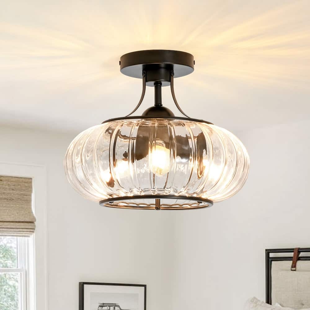Farmhouse 3-Light Ceiling Light Clear Striped Glass Flush Mount - 11.8 in