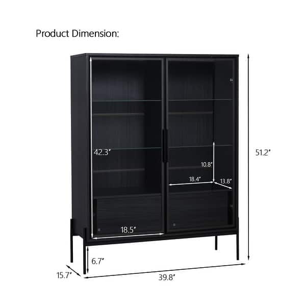 51.2"H Freestanding Display Cabinet, LED Lighting, 2 Drawers, Glass Door, 4 Shelves
