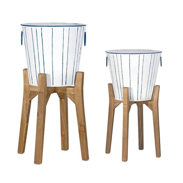 Shop Pack Of 4 Blue And White Planters With Wood And Iron Stand 9 5 On Sale Overstock 30890889
