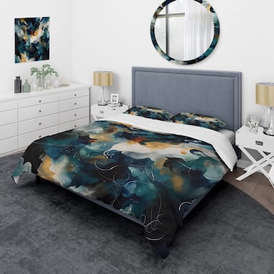 Designart "Blue And White Artistic Movement" Blue Modern - Bed Cover Set With Shams