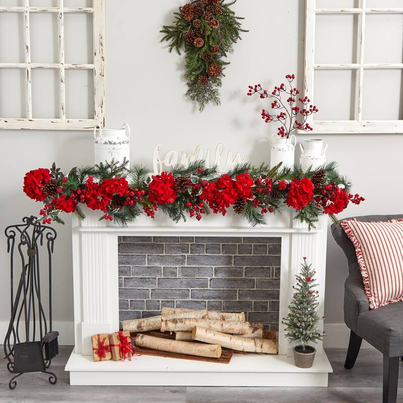 6' x 11" Red Hydrangea Artificial Christmas Garland, Unlit