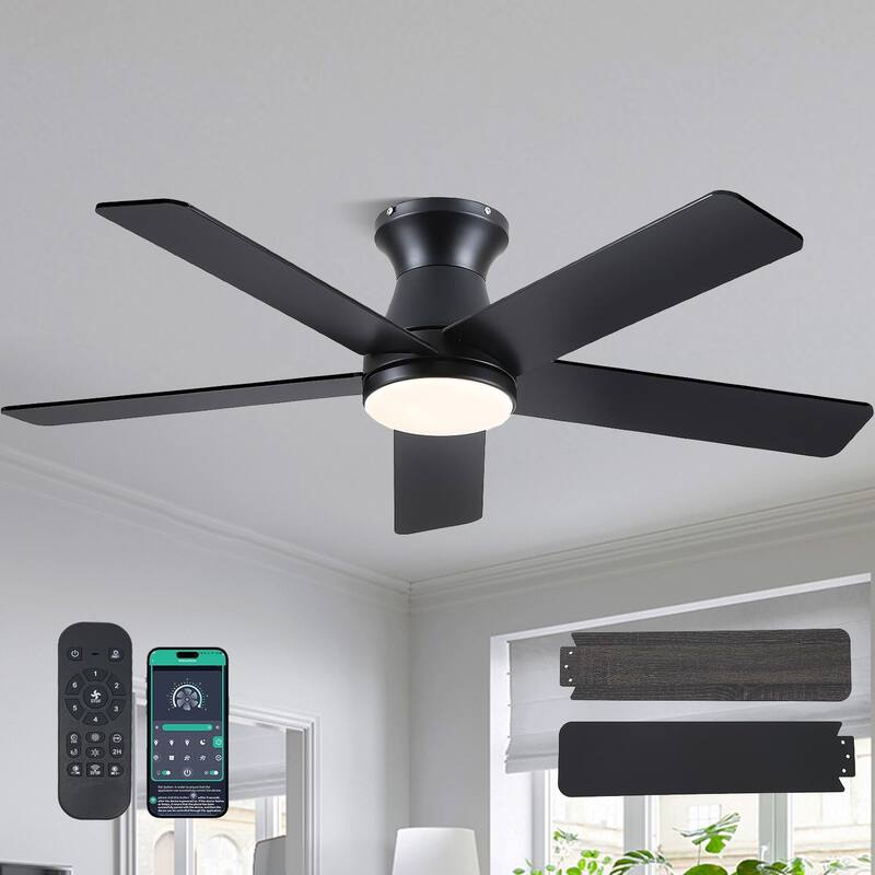 52 Inches Flush Mount Modern Quiet Ceiling Fan with Light and Remote APP Control 5 Dual Side Blades for Living Room Bedroom - Black