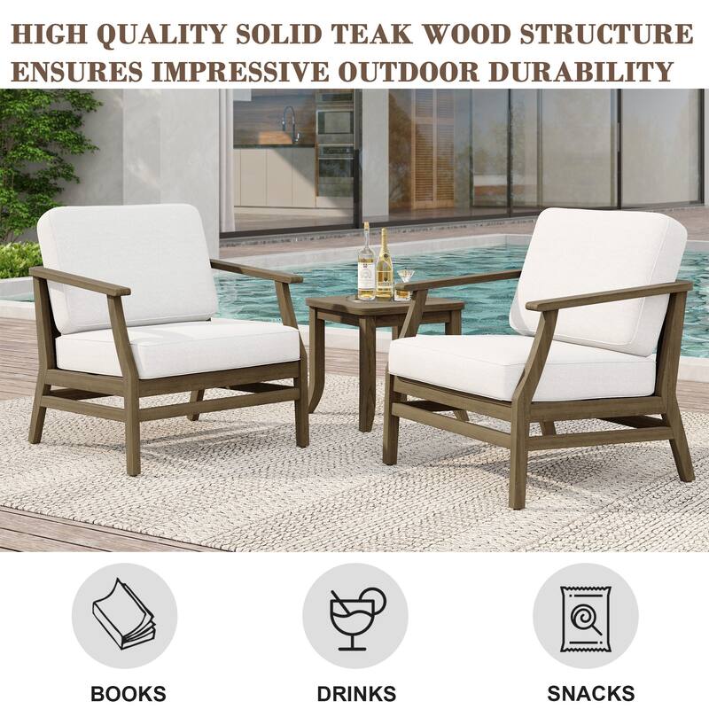 2 Set Patio Teak Wood Outdoor Chair and Side Table Set with Cushions