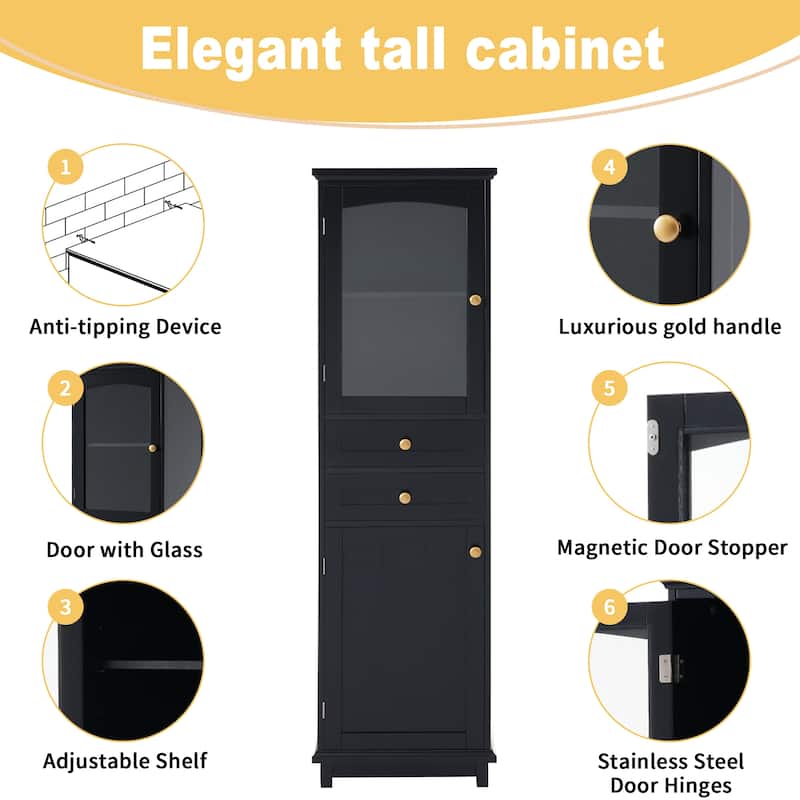 Freestanding Bathroom Storage Cabinet 63" High with Glass Doors, Adjustable MDF Shelves and 2 Drawers