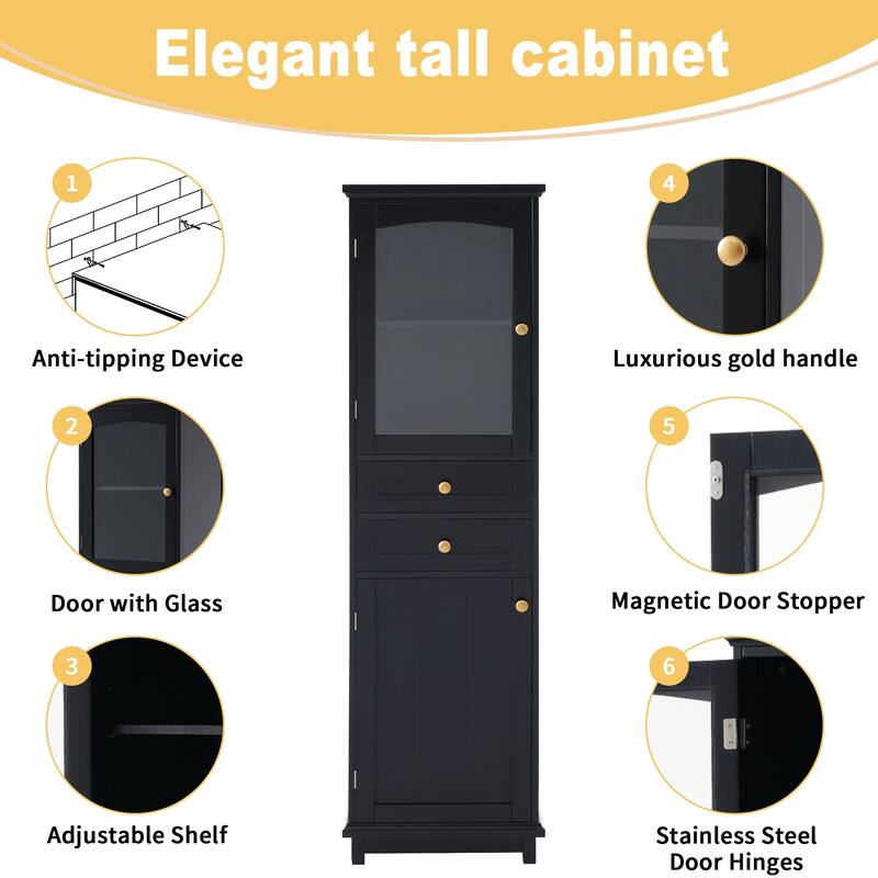 Tall Bathroom Storage Cabinet with Glass Doors and Adjustable Shelves