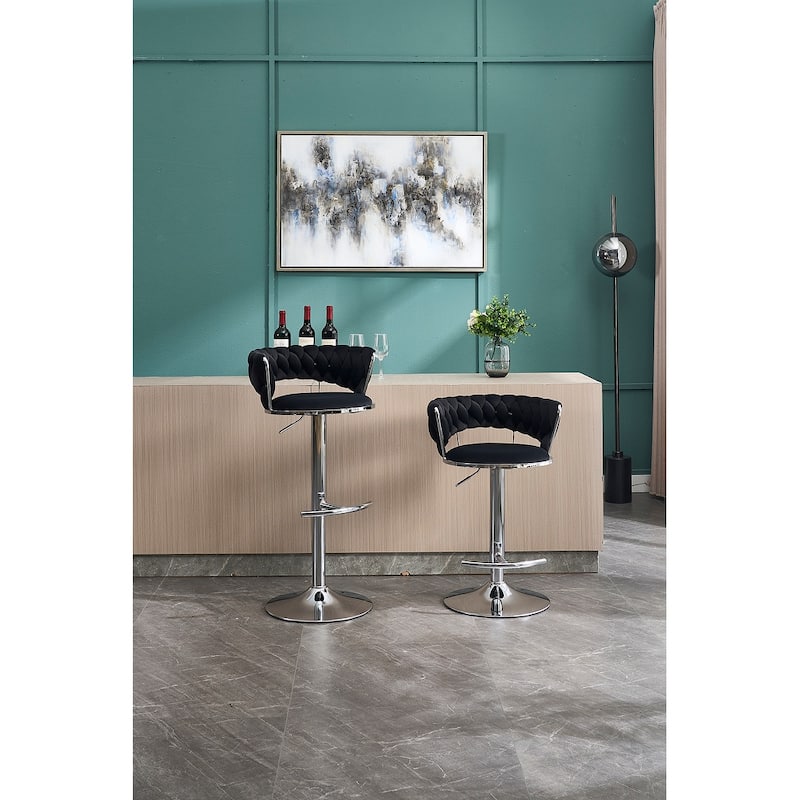 Set of 2 Bar Stools,with Chrome Footrest and Base Swivel, Height Adjustable, Velvet Upholstered + Chrome Leg Simple Bar Stool