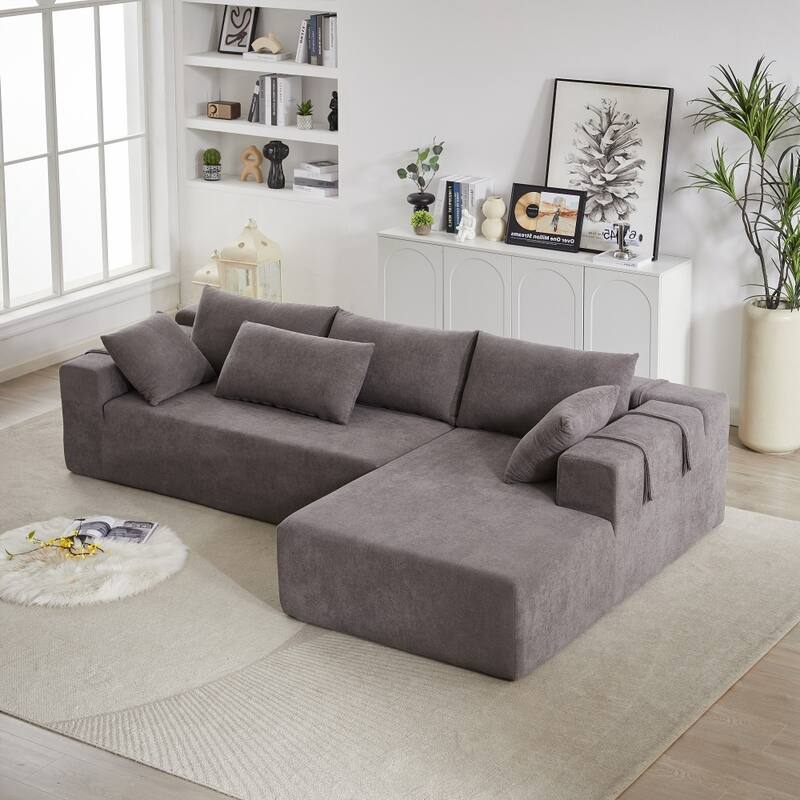 Modern Modular 108" L-shaped Chenille Upholstered Sectional Sofa With 6 Pillows - Right Facing - Grey
