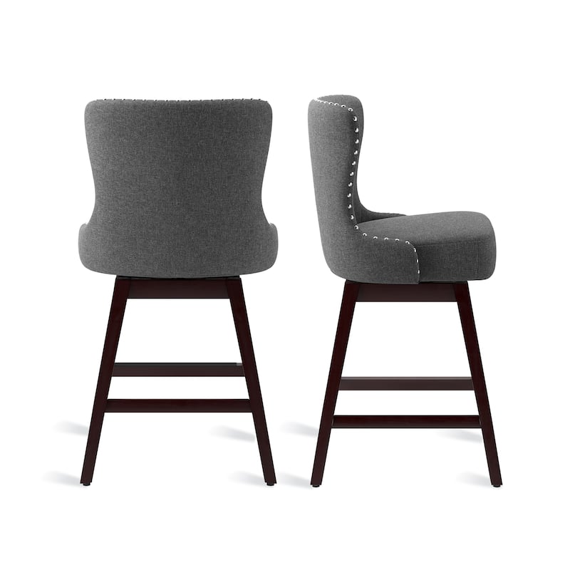 26 in. Mid-Century Modern Faux Leather ans Linen Upholstered Swivel Bar Stools with Wood Frame(Set of 2) - 20"W x 20"D x 39"H