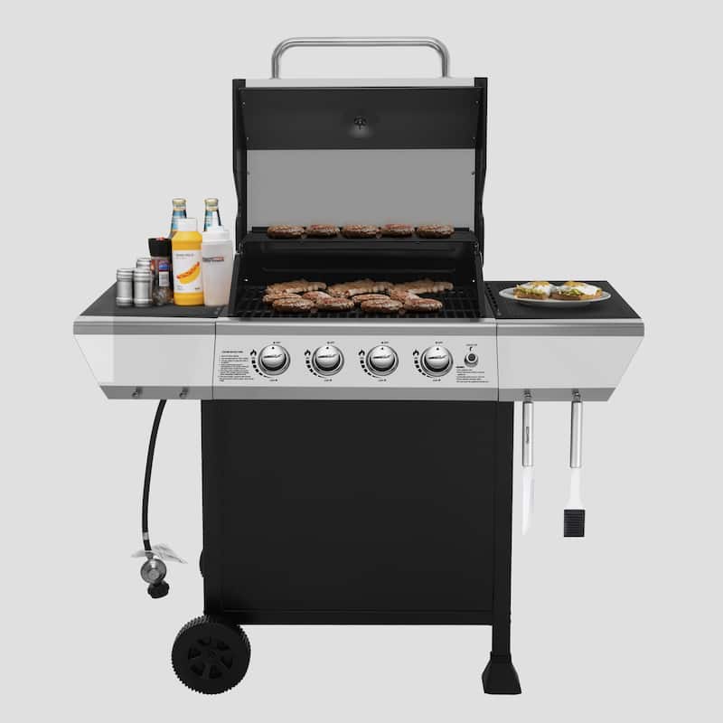 Royal Gourmet SG4003B 4-Burner BBQ Propane Gas Grill with Stainless Steel Upper Lid, Black & Silver