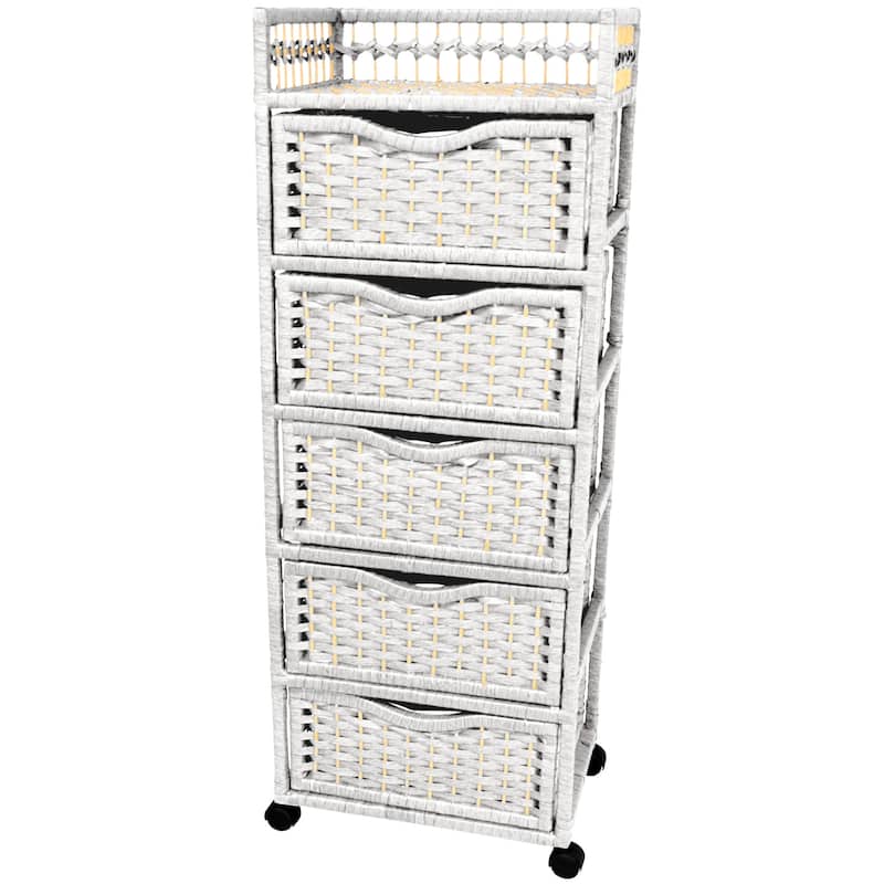 Handmade Wood and Natural Fiber Wheeled 5-drawer Chest (China)