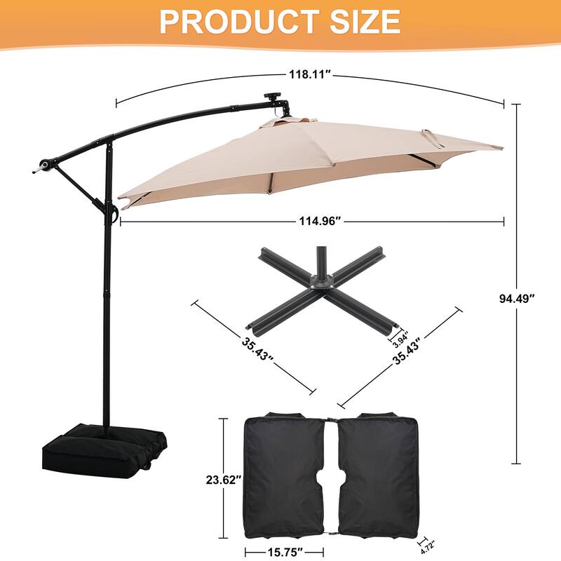 Autlaycil 10ft Offset Hanging Market Patio Umbrella With Base&Solar Lights