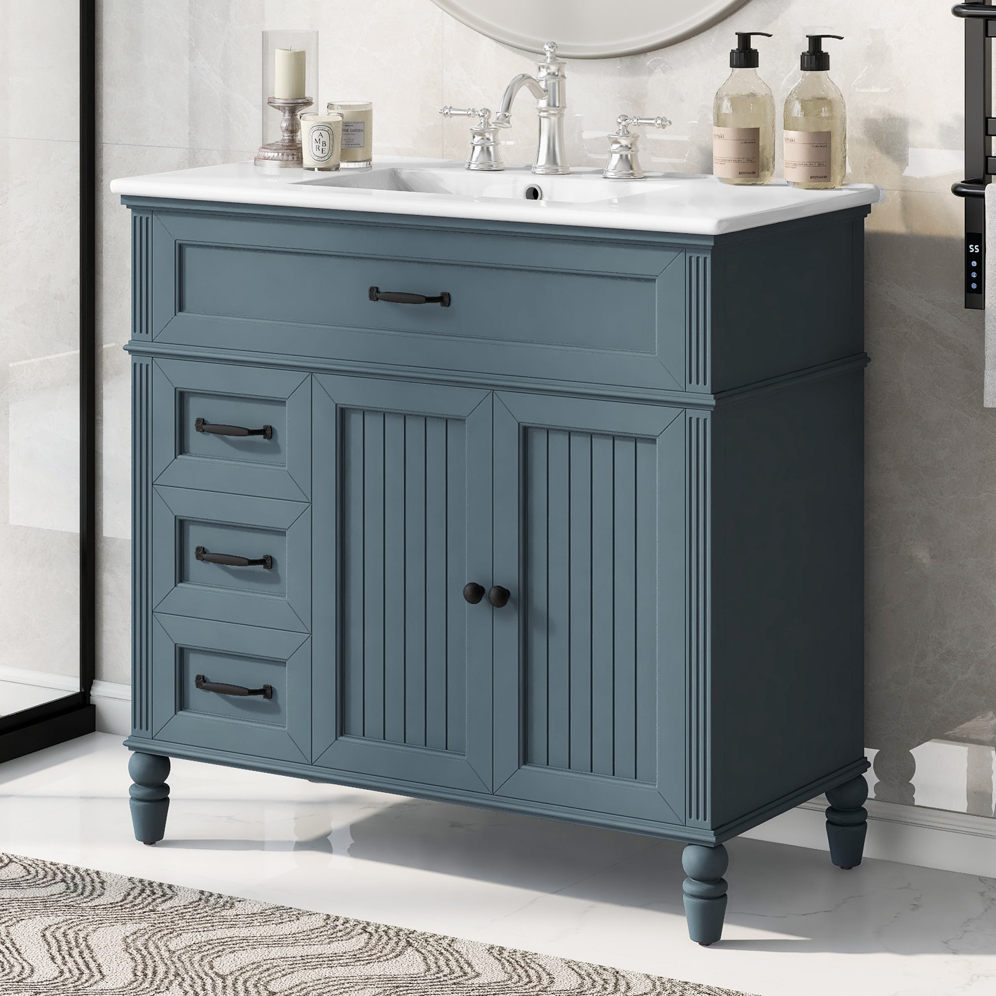 36" Bathroom Vanity with Sink, Blue Bathroom Cabinet with Drawers, Solid Frame and MDF Board - 36 in