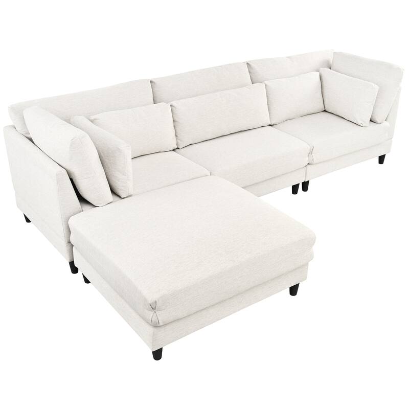 Modern Sectional Sofa with Piping Stitch Detail and Removable Ottoman and 5 pillows for Living Room or Guest Room