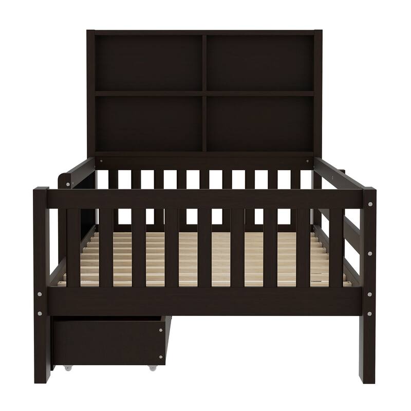 Childlike Fun Solid Wood Low-profile Platform Bed Storage Bed Frame with Side Chalkboard, Open Shelves, Drawers and Guardrails