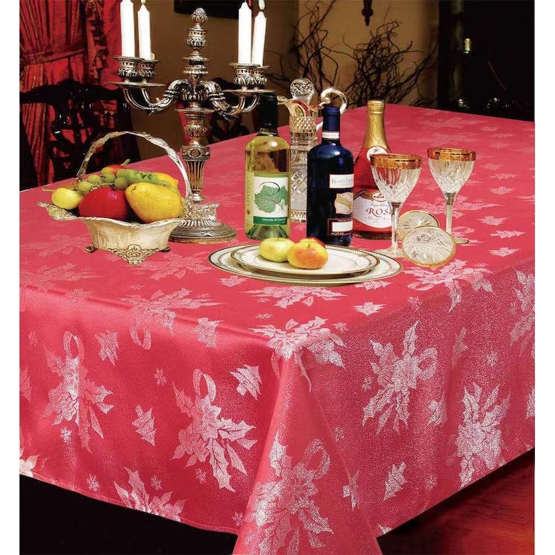 Violet Linen Sparkling Christmas Holly Bows Damask Pattern Tablecloths