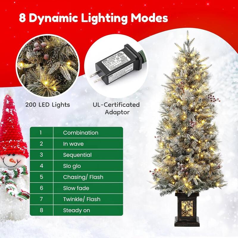 4.5 Ft Artificial Christmas Tree with 200 Warm White LED Lights and Red Berries Potted Base Holiday Xmas Tree