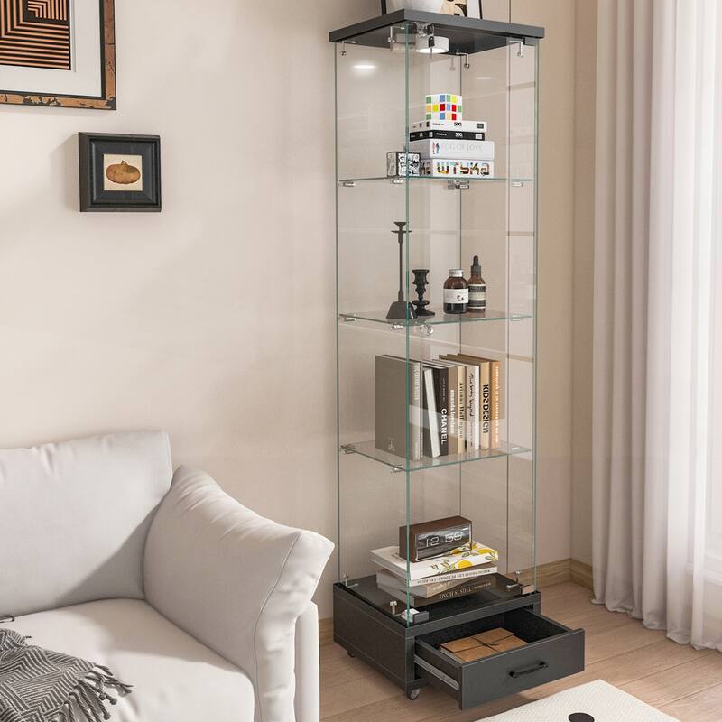 Modern Glass Display Cabinet with Drawer and LED lights for Living Room and Bedroom