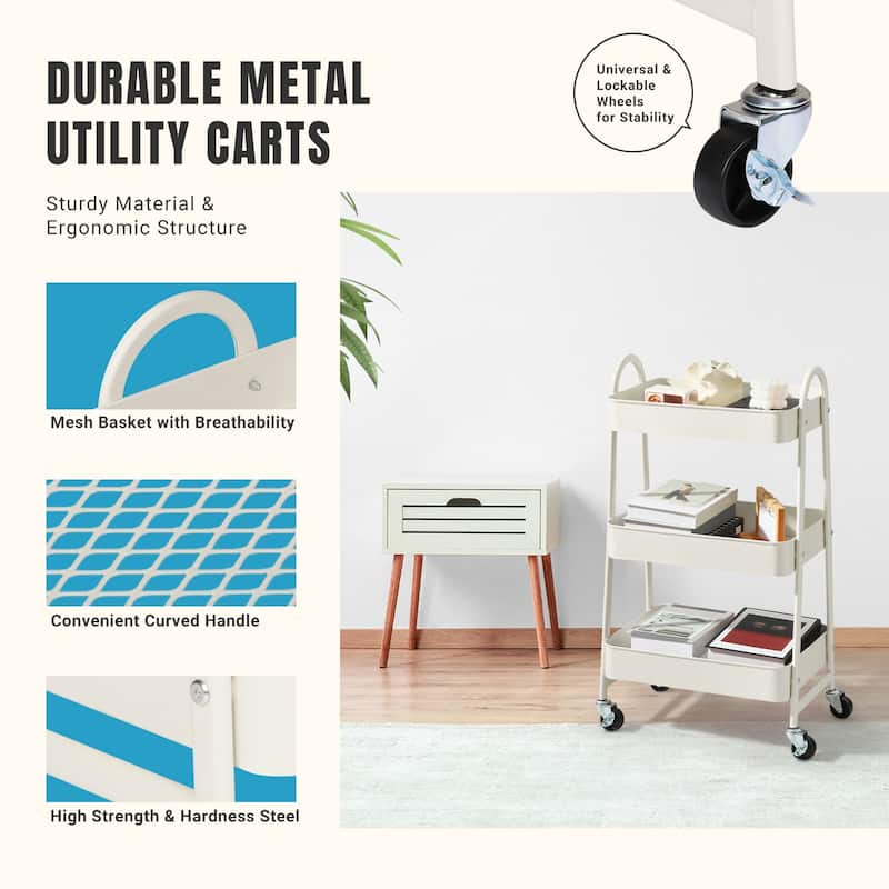 Versatile 3-Tier Rolling Storage Cart - Locking Wheels, Heavy Duty Metal Frame for Home & Office Organization